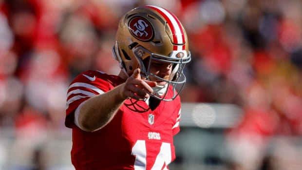 Jan 7, 2024; Santa Clara, California, USA; San Francisco 49ers quarterback Sam Darnold (14) celebrates after a play during the second quarter against the Los Angeles Rams at Levi's Stadium.